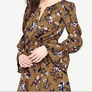Ann Taylor Olive Green Floral Bell Sleeve Dress Size S